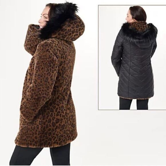 Reversible Dennis Basso Coat - Black Puffer & Faux Fur Leapord Print Size XXS - Picture 3 of 16